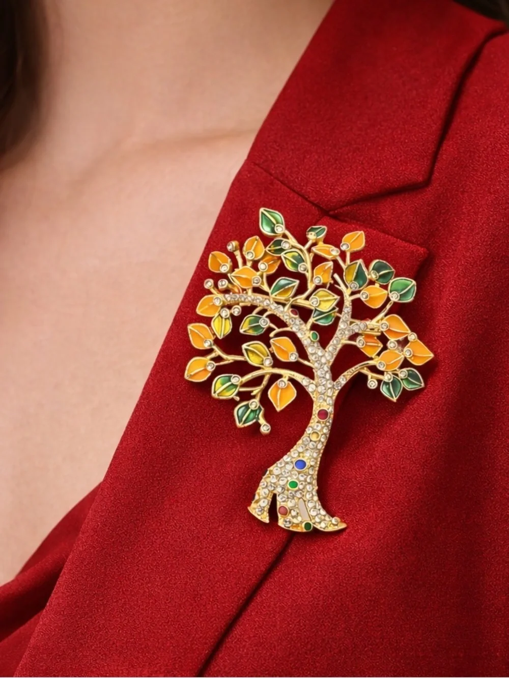 Gold Tree of Life Green Yellow Enamel Leaves Brooch